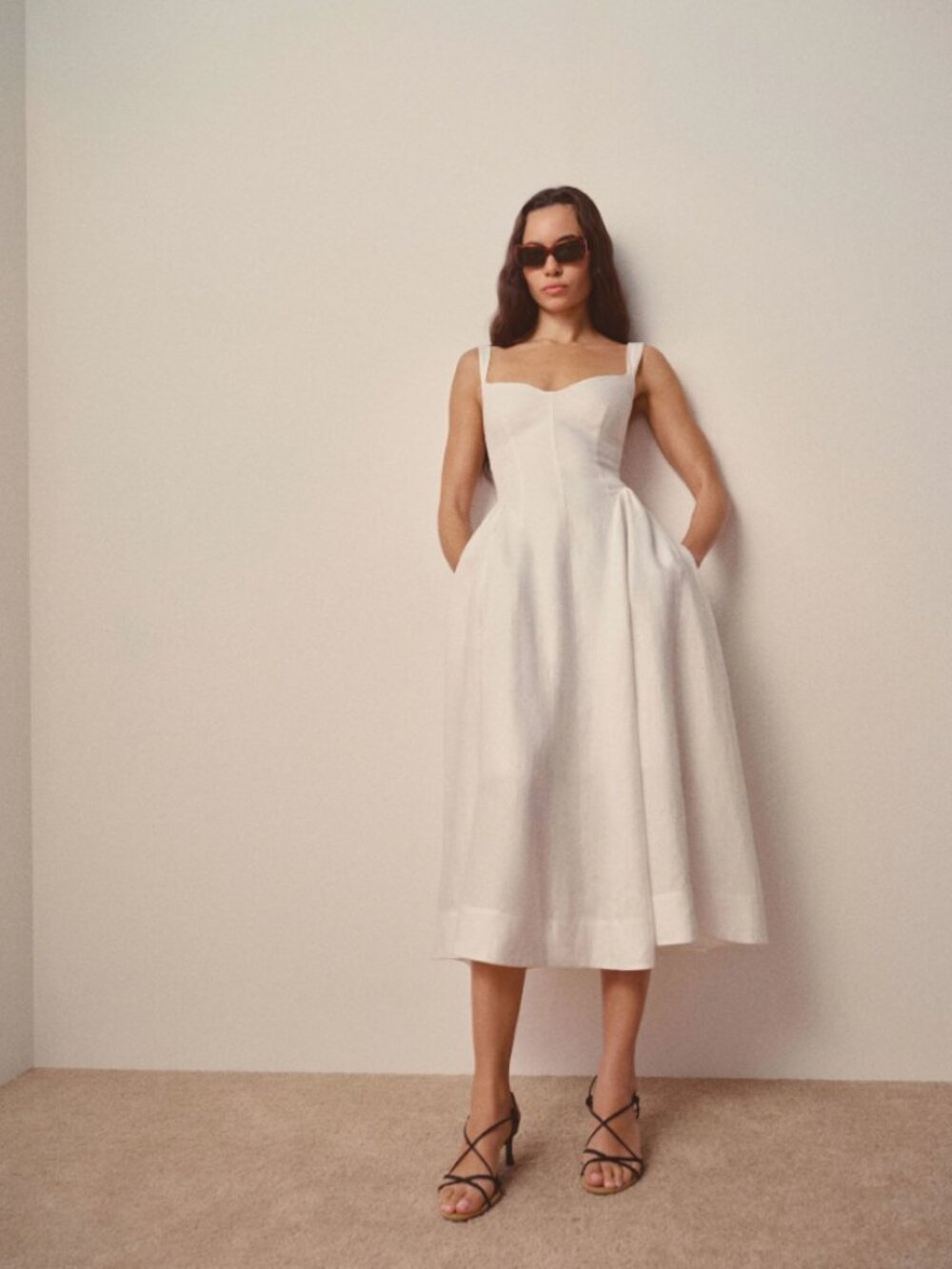 Reformation Birdie White Linen Sweetheart Neckline Dress Midi Fit&Flare Sundress